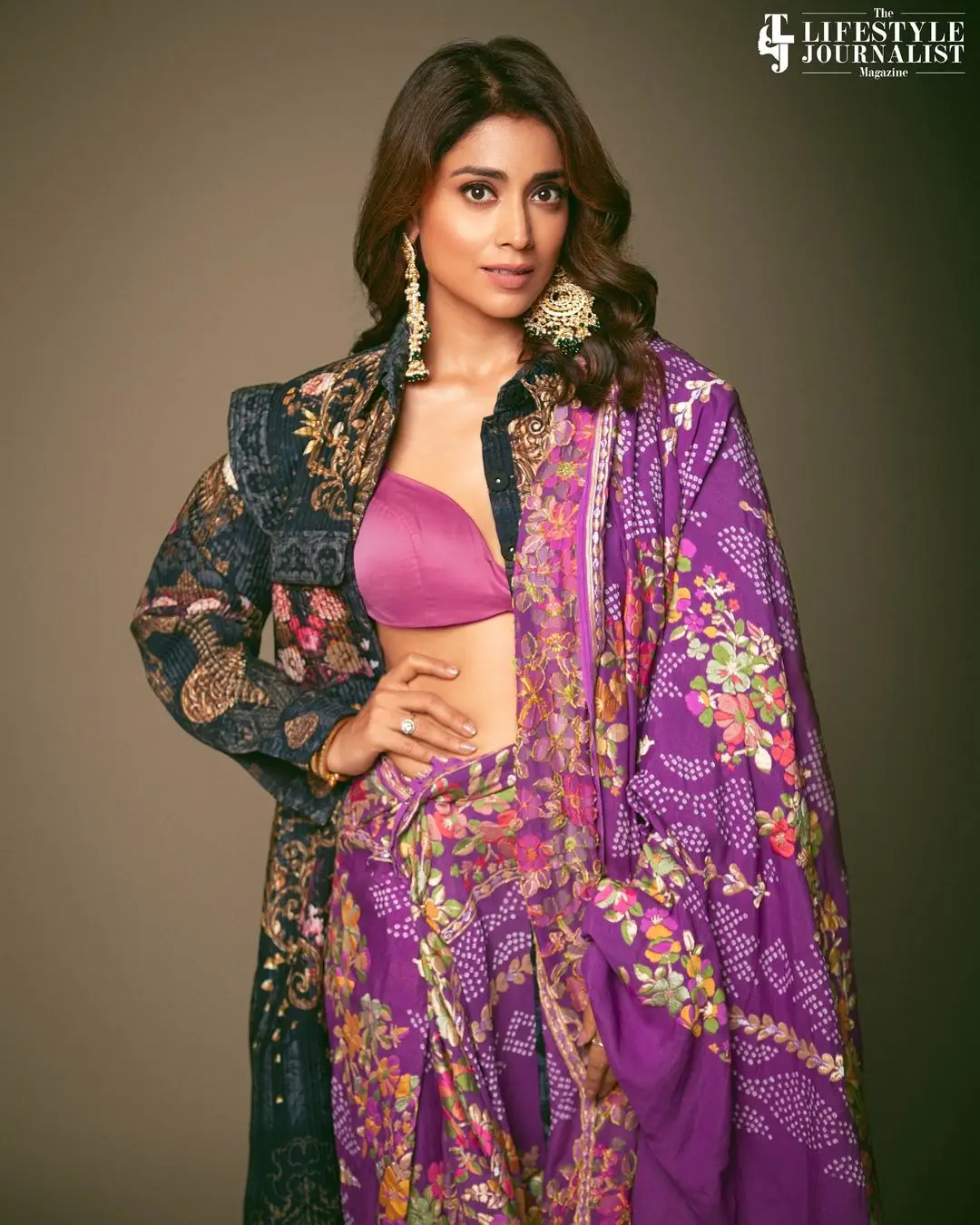 Shriya Saran Long Legs Show in Violet Lehenga Choli